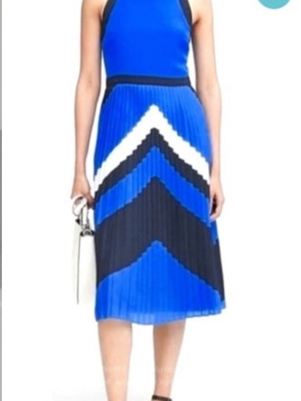 Banana Republic Blue, Black and White Pleated Chevron Midi Dress